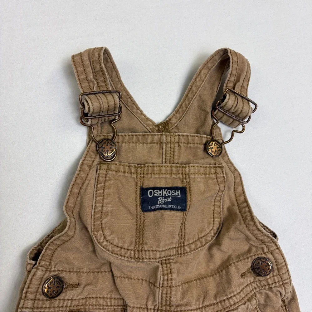 OshKosh Bgosh Kids Tan Canvas Overalls 12 Months Cotton Workwear Snaps Brown